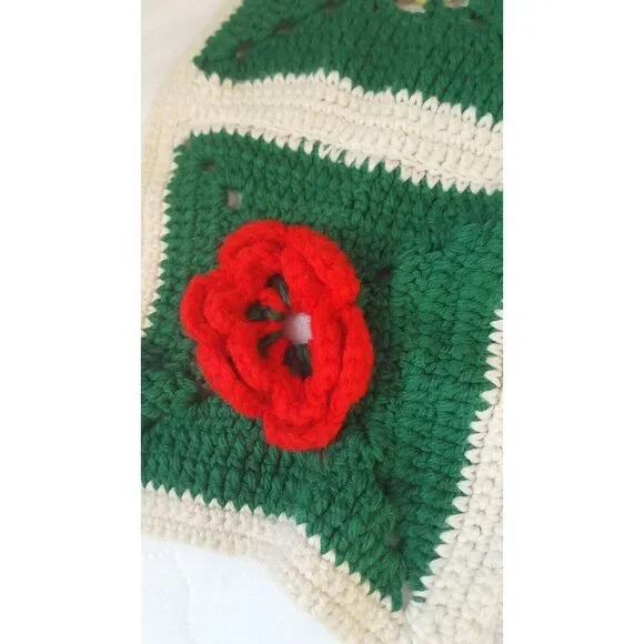 Vintage granny square Afghan flower center Green White 43 x 58 Crochet Hand Made - Picture 6 of 9